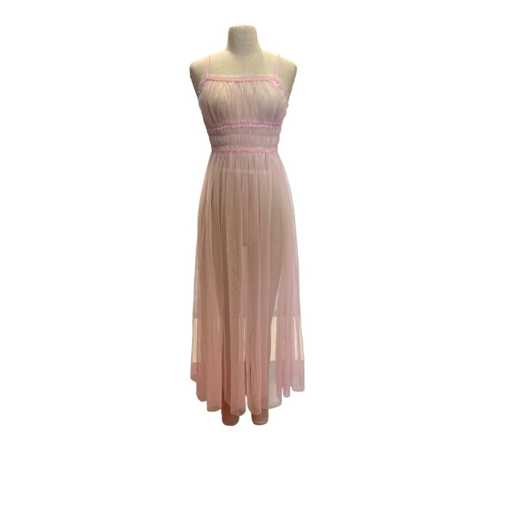 Vintage Pink Sheer Tulle Midi Dress With Ruched Bodice & Spaghetti Straps